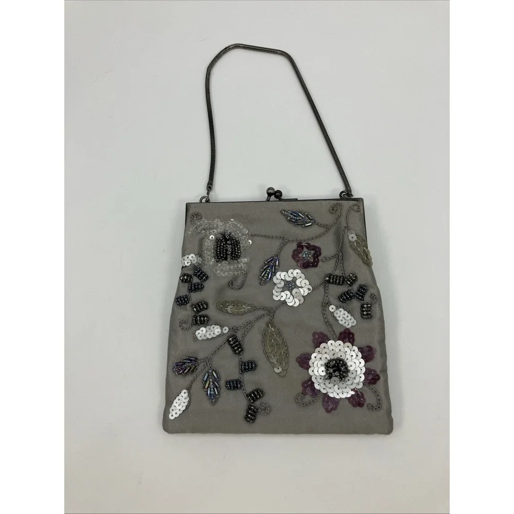 Vtg Elan Beaded Floral Mini‎ Purse Satin Gray Purple Kiss Lock Evening Bag Party